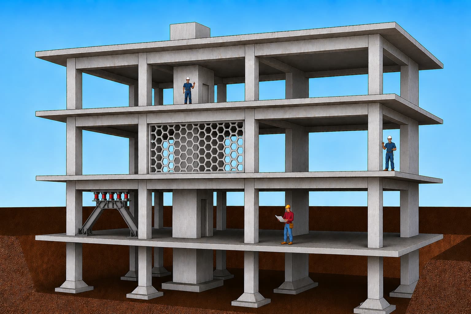 Concrete frame retrofitted with GeoDamp hexagonal cellular shear wall damper
